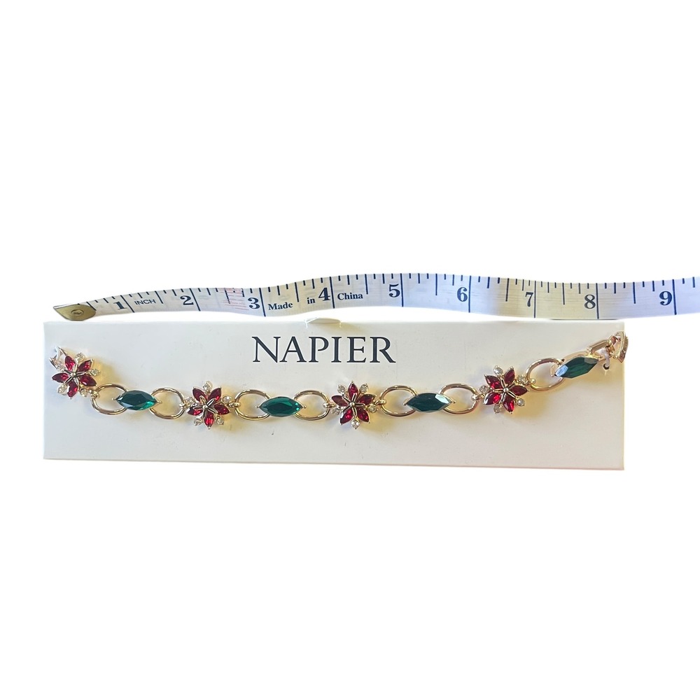 Napier Gold Tone Red Green Poinsettia Flower Crystal Chain Bracelet Boxed - Picture 4 of 6